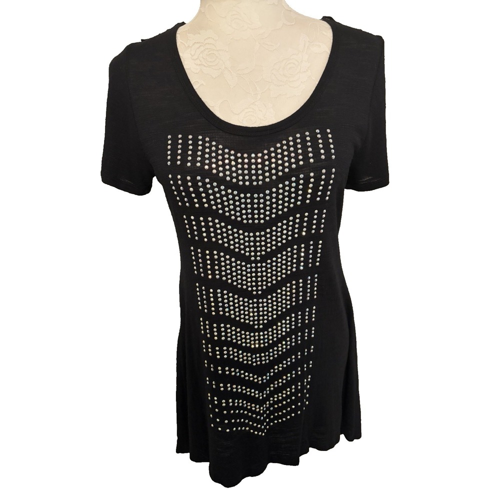 Vocal Black Knit Crystal Studded Tunic Top~ M~Hi Low Lace Back Whimsigoth Rocker